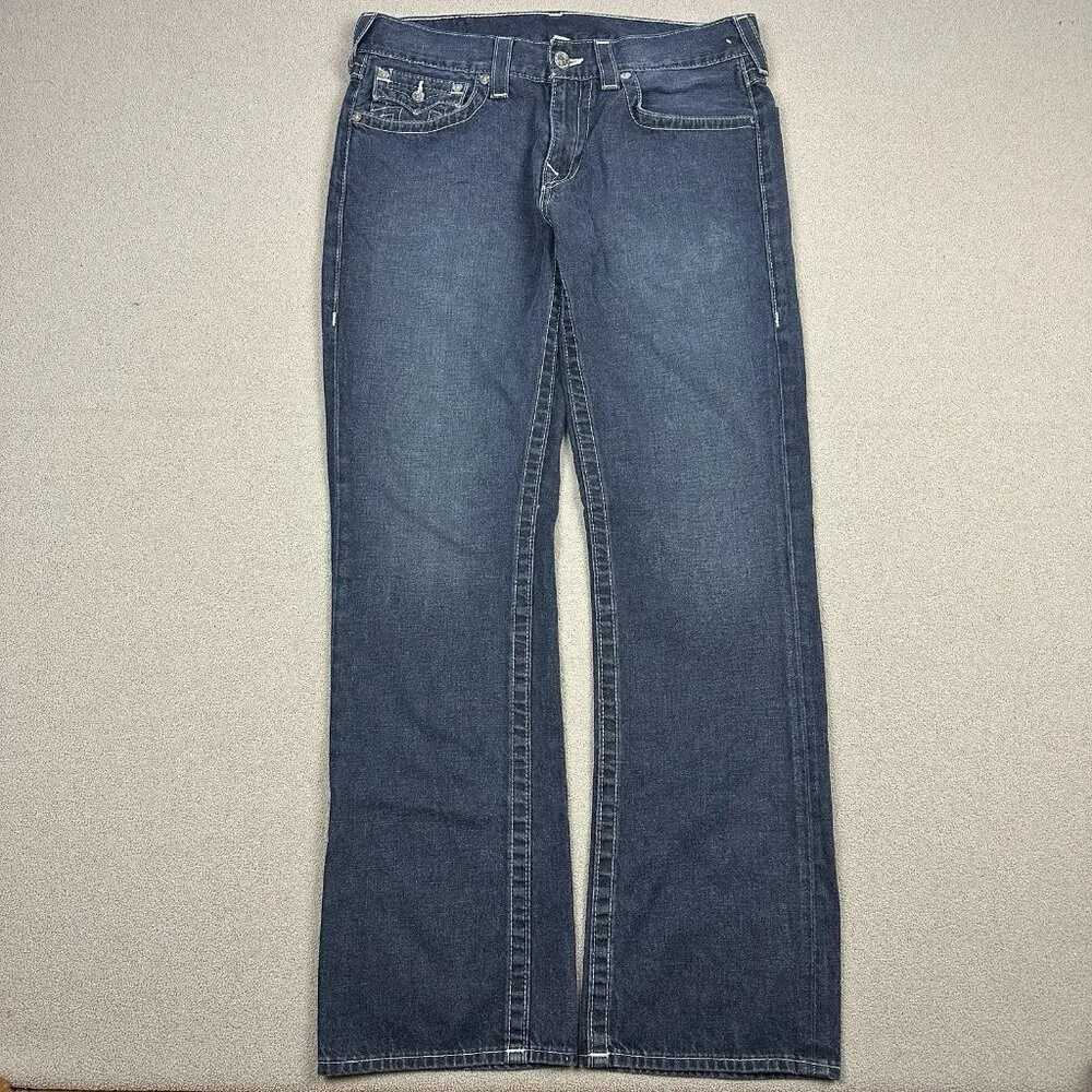 True Religion Jeans Mens 33x31 Blue Straight Flap Pockets Dark Wash Denim
